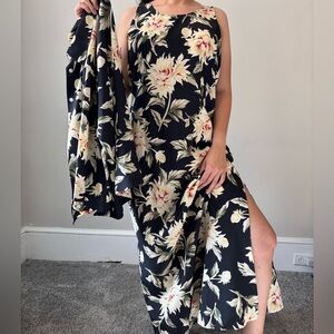 Y2K‎ Silk Fairycore Black Floral Whimsical Set Maxi dress Button Down Top Large
